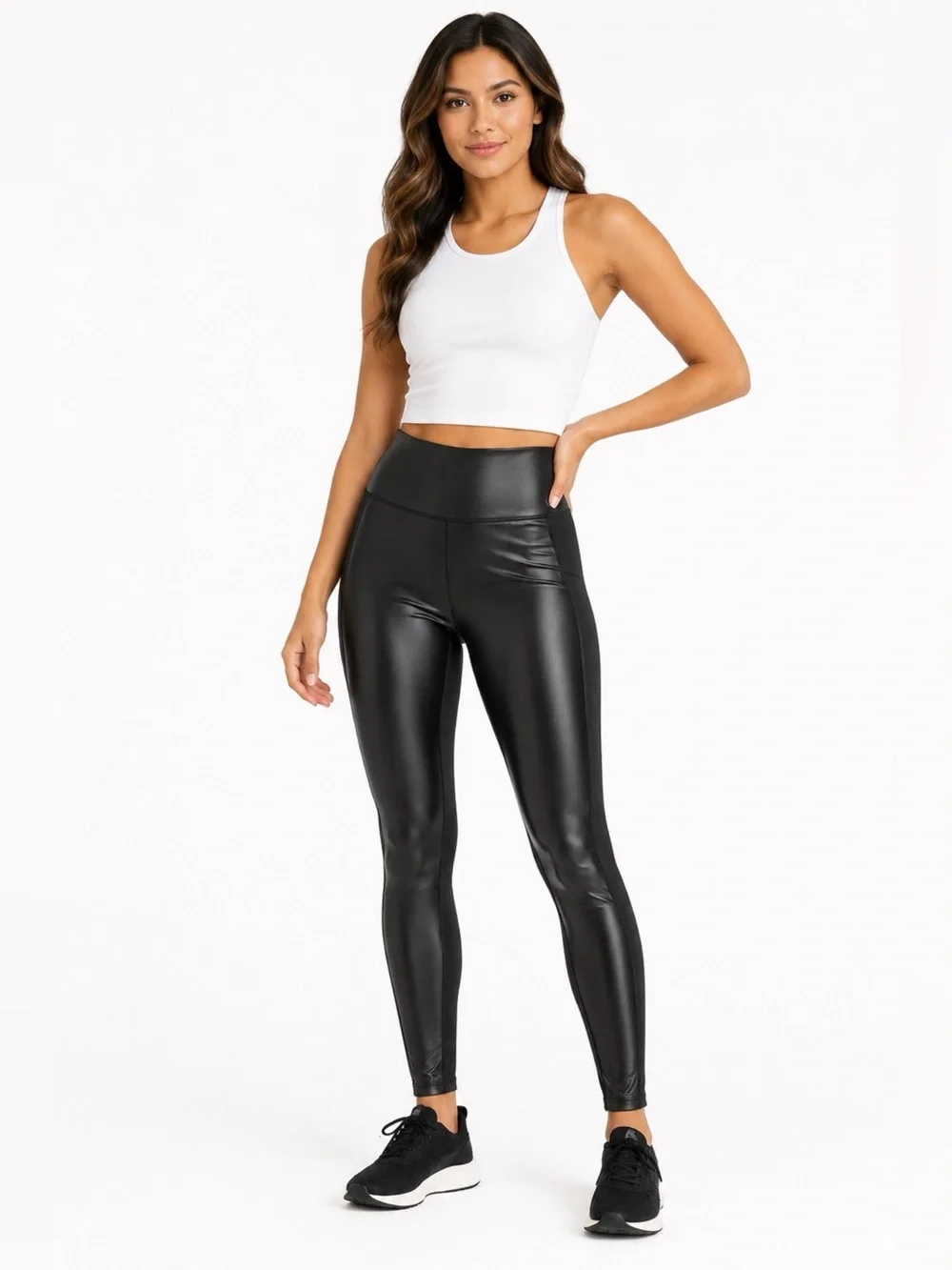 Athleta Coated Shine High Rise Leggings M Black Sleek Faux Leather Look 27” Long - Picture 2 of 7
